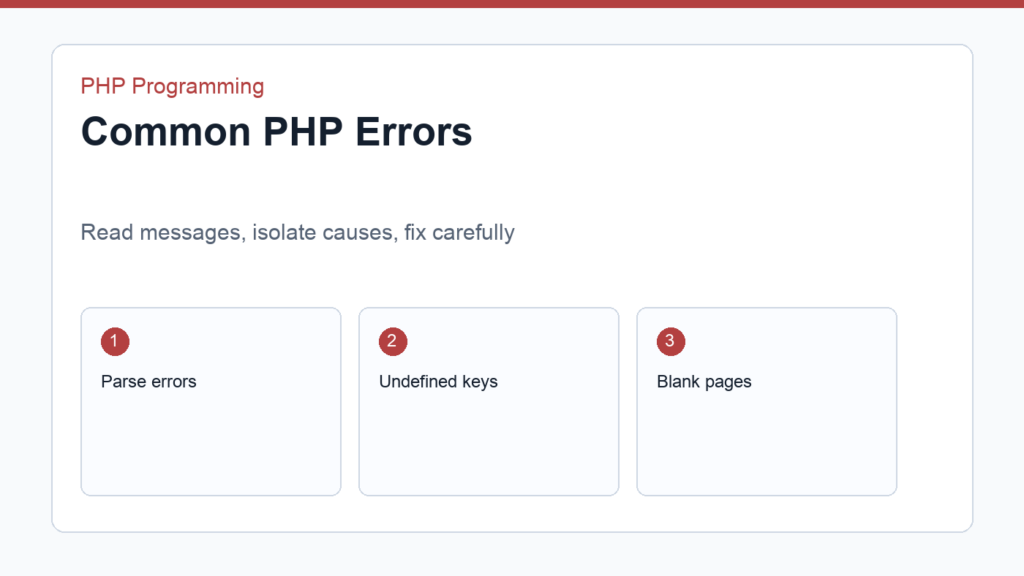 Common PHP errors displayed in a terminal and code editor debugging workflow