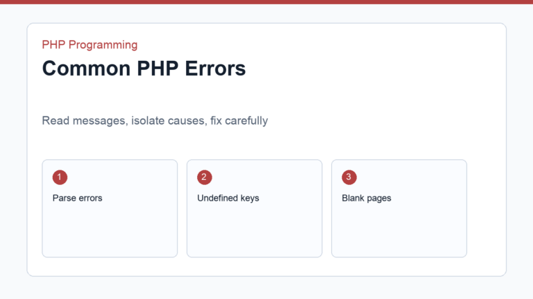 Common PHP errors displayed in a terminal and code editor debugging workflow