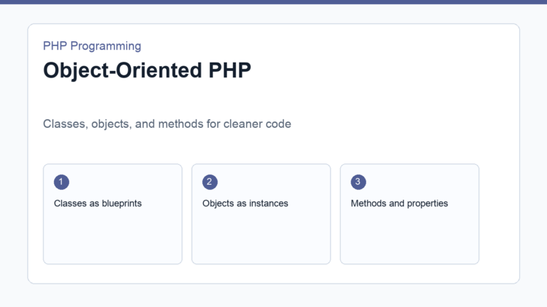 Object-oriented PHP diagram showing classes and objects in a code editor