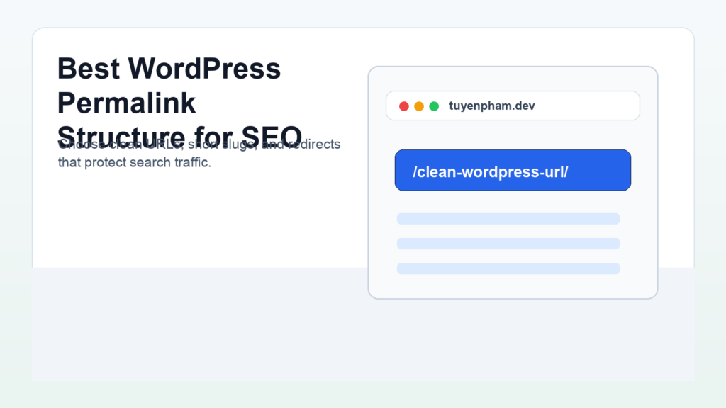 Best WordPress permalink structure for SEO shown in a clean URL mockup