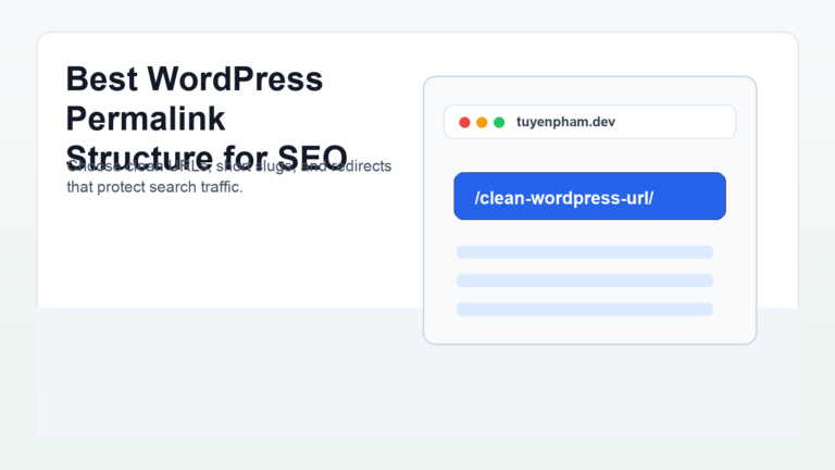 Best WordPress permalink structure for SEO shown in a clean URL mockup