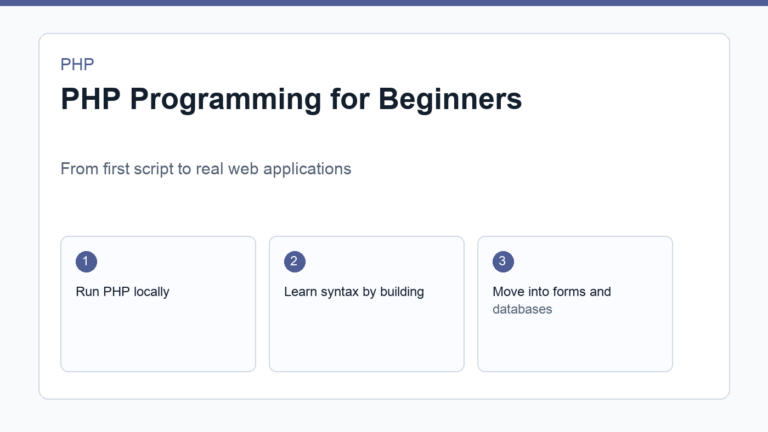 PHP programming for beginners workspace with code editor and local server
