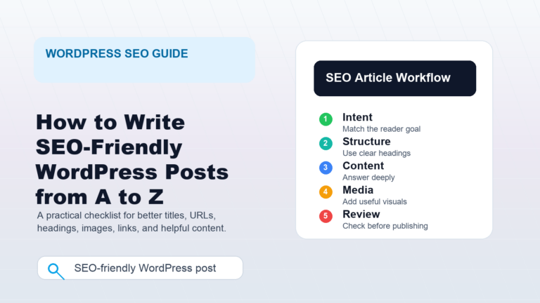 Illustrated WordPress SEO guide cover showing an article workflow from intent to review